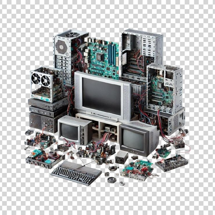 PSD verstapelte vintage-elektronik-abfall-recycling-technologie reparatur isoliert auf einem transparenten hintergrund