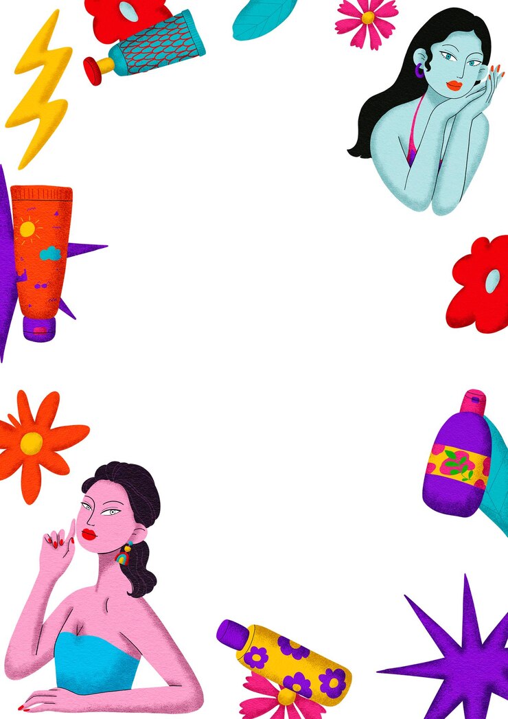PSD vertical frame woman and cosmetics digital painting with cartoon lines bright colors pop art style