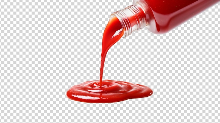 PSD vertiendo ketchup sabroso de una botella aislada sobre un fondo transparente