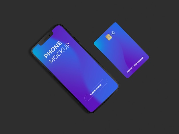 PSD vertikale kreditkarte und handy mobilbildschirm mockup top view psd