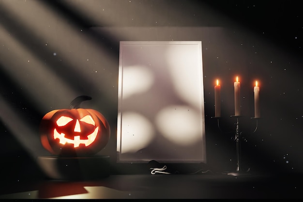 Vertikaler Rahmen mit dunklem Halloween-Mockup mit Kürbis und Kerze in Gottesstrahlen, 3D-Rendering