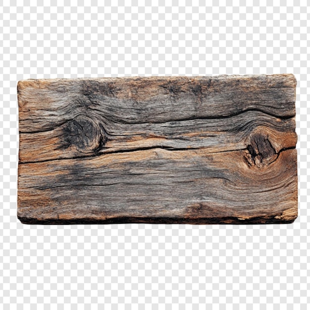 Verwitterte rustikale Holzplatte, isoliert auf durchsichtigem Hintergrund, perfekt für Designprojekte mit natürlicher Holzkörnertextur und Knoten, ideal für Schilder oder Hintergrund