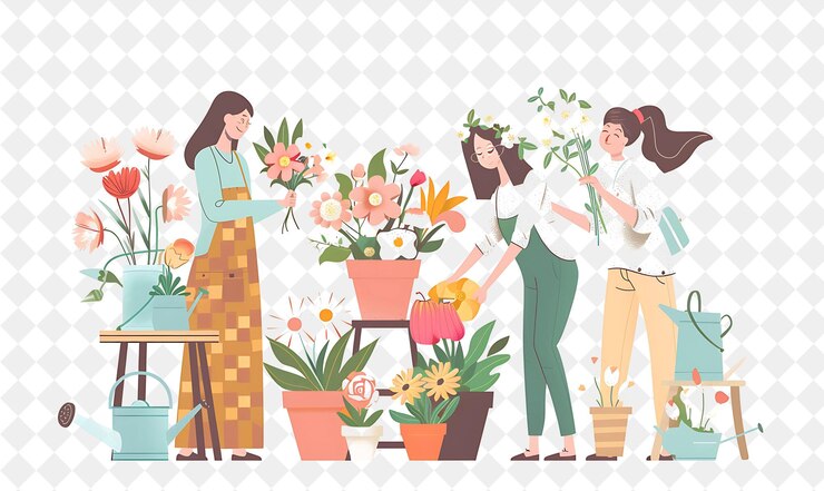 PSD verzauberte blumenhändlerin mit charakteren, die blumen arrangieren und png-menschen in der täglichen arbeit illustrieren