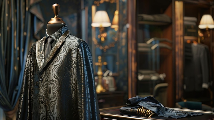 PSD une veste de costume sur mesure avec un motif sur un mannequin dans une boutique de luxe