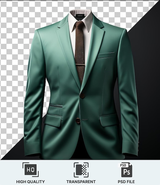 PSD une veste de costume verte avec une cravate brune et un bouton noir affichée contre un mur noir avec un long bras vert visible au premier plan