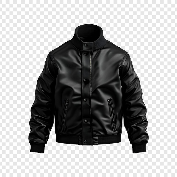 PSD une veste de cuir noire élégante, des vêtements de mode pour hommes, des poches à fermeture éclair classiques, des manches de design.
