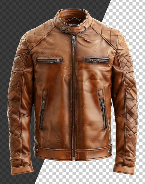 PSD veste de moto en cuir brun avec des détails de fermeture éclair sur fond transparent png