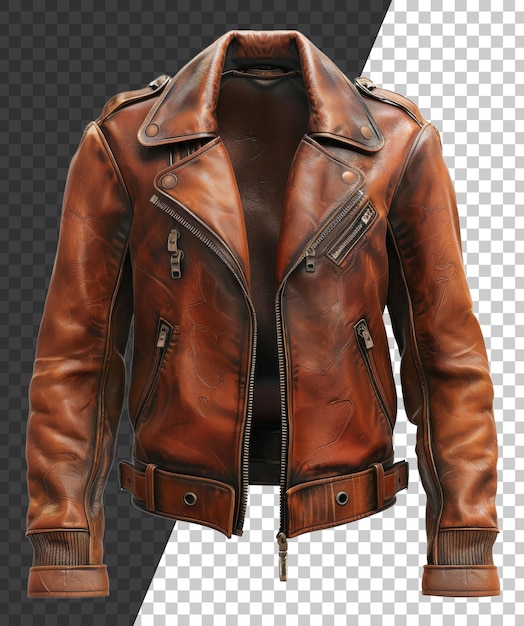 PSD veste de moto en cuir brun avec des détails de fermeture éclair sur fond transparent png