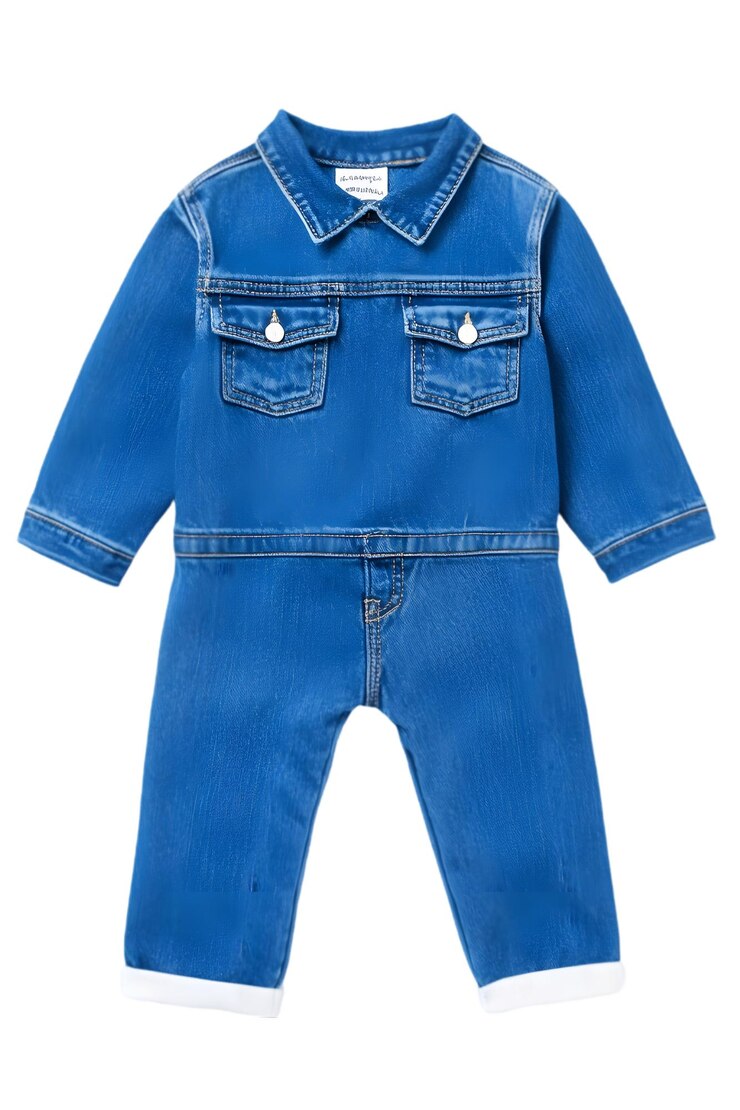 PSD vestido de bebé de denim azul con chaqueta y pantalones aislados sobre fondo blanco