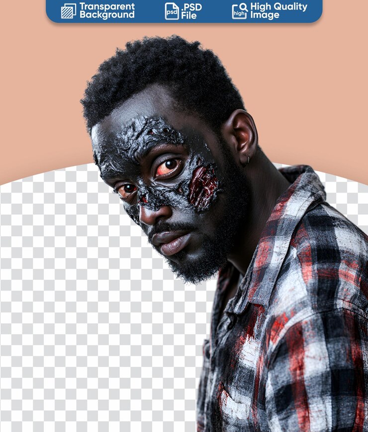 PSD vestido como un zombi con maquillaje afro hombre negro listo para halloween