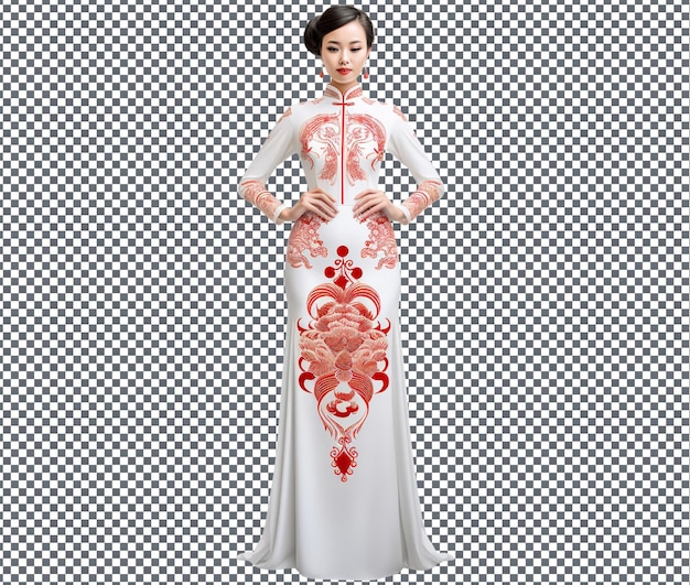 PSD vestido de novia tradicional chino con bordado de loto aislado sobre un fondo transparente