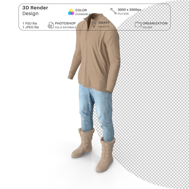 PSD vestido realista para hombres modelo 3d psd pantalones y botas de pullover