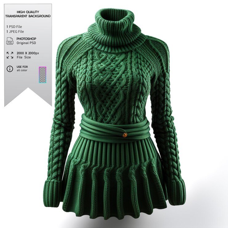 PSD un vestido de suéter verde bosque con detalles ribados y un cinturón en un fondo transparente
