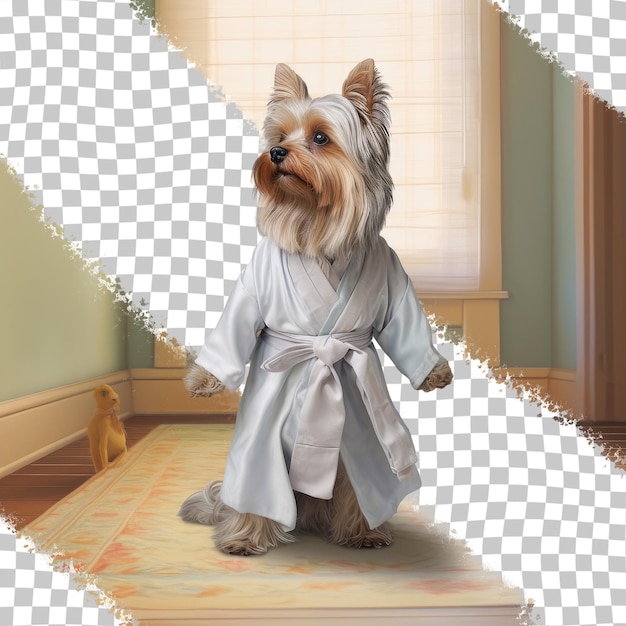 PSD vestido yorkshire terrier en una túnica china de pie en la alfombra en el pasillo listo para salir de fondo transparente