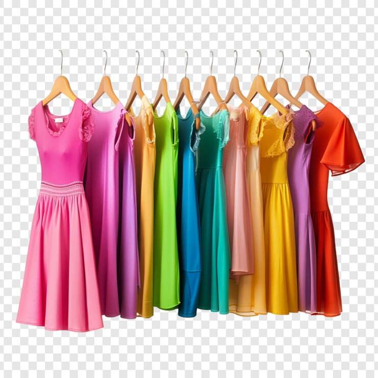 PSD vestidos de colores colgando de colgadores de madera ropa de moda del arco iris