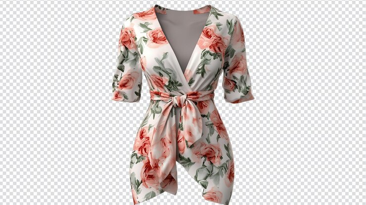 PSD vestuário com padrão floral com uma cintura de gravata com mangas curtas e uma silhueta lisonjeira contra um fundo transparente