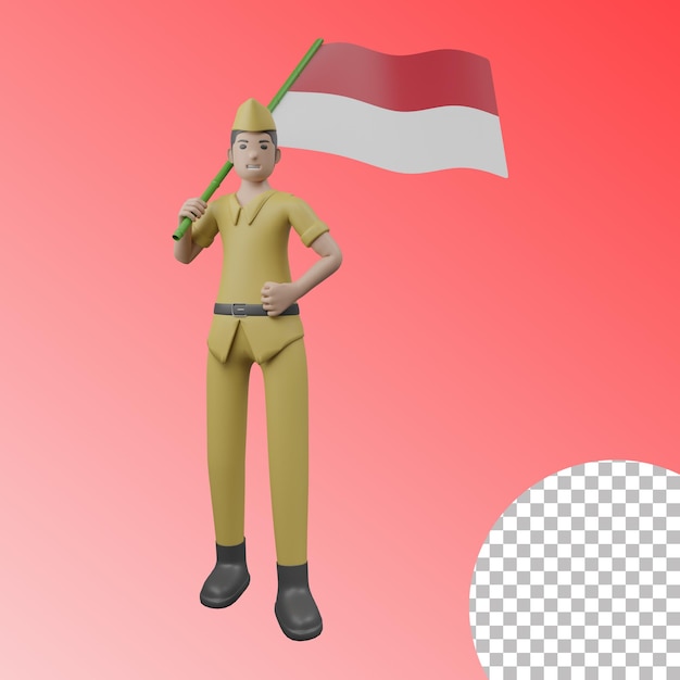 Veterano mientras ondeaba la bandera de Indonesia