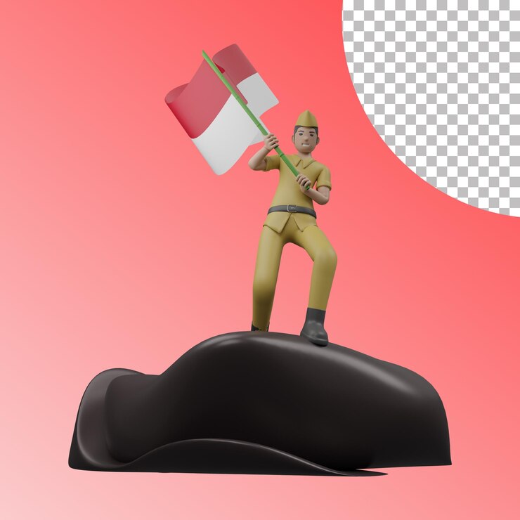 Veteranos 3d ondeando la bandera sobre las montañas del Día de la Independencia de Indonesia