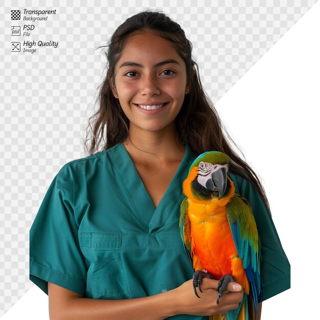 PSD veterinaria con un loro colorido en el brazo sonriendo