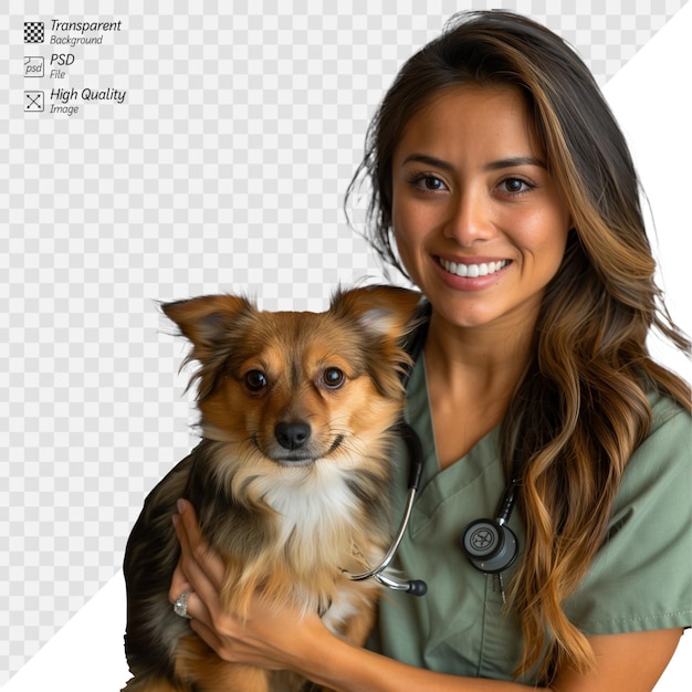 PSD veterinario sonriente sosteniendo un lindo perro en un fondo transparente