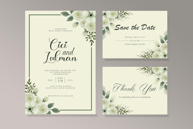 PSD vetor aquarela definir design de modelo de cartão de convite de casamento com folhas de eucalipto verde.