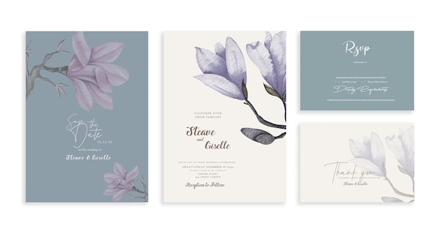 Vetor de aquarela conjunto design de modelo de cartão de convite de casamento psd