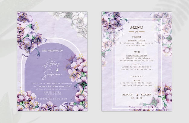 Vetor de aquarela definir design de modelo de cartão de convite de casamento com folhas verdes e flores psd