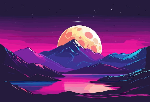 Vettore della luna con cielo notturno viola e montagna