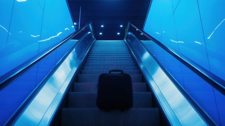 PSD viagem solitária uma mala solitária sobe uma escada rolante elegante iluminada a azul, simbolizando a transição da viagem e a antecipação de novos começos