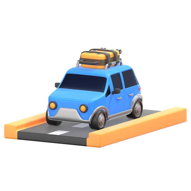 Viaggio su strada con auto in corsa 3D Icon Illustration Low Poly Style