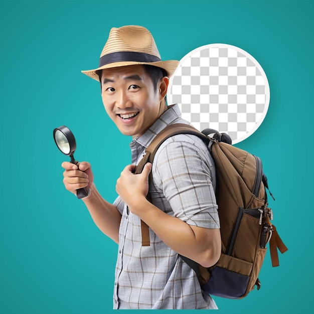 PSD viajante divertido explorador turista homem asiático em roupas casuais chapéu com mochila segurar lupa isolado