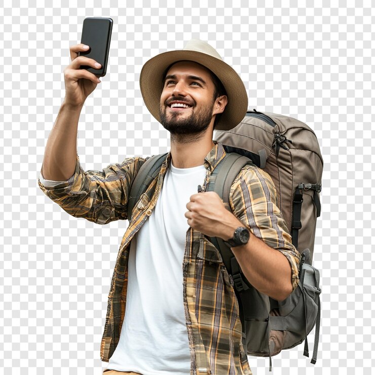 PSD viajante feliz tirando uma selfie