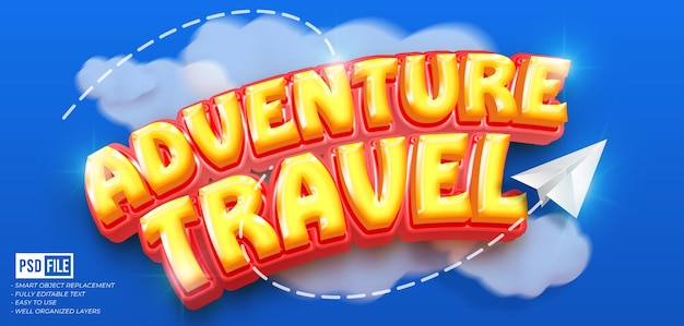 Viaje de aventura de texto 3d editable brillante para tema de vacaciones