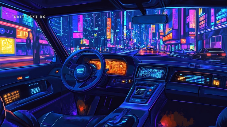 PSD viaje nocturno por la ciudad cyberpunk desde el interior de un coche retro
