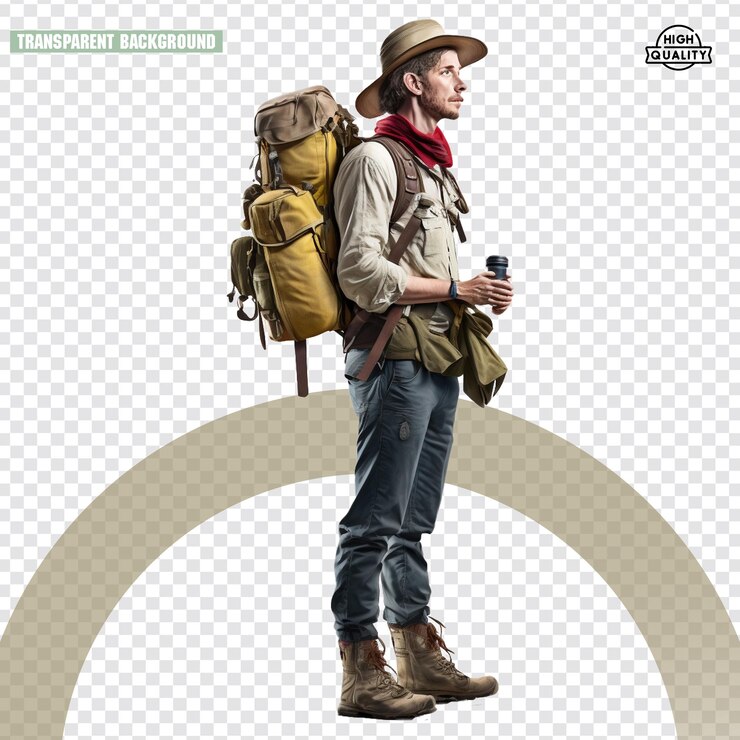 PSD viajero con mochila y cámara con un sombrero aislado en un png transparente
