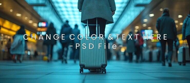 PSD viajero en solitario en una bulliciosa terminal de un aeropuerto