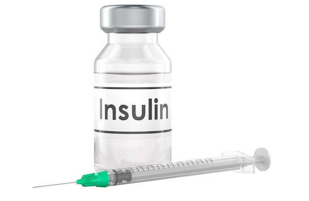 Vial de insulina con representación 3D de la jeringa aislada sobre un fondo transparente