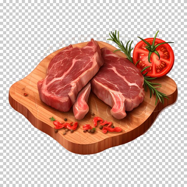 PSD viande fraîche sur planche de bois isolée sur fond transparent