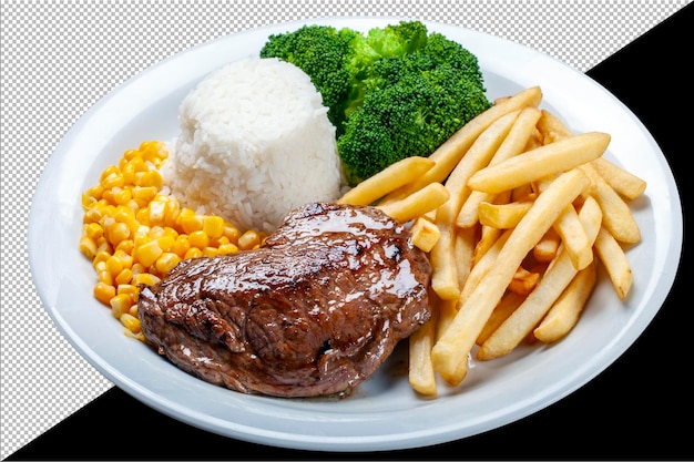 PSD viande grillée frites riz brocoli maïs