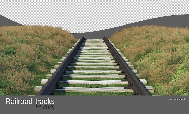 PSD vías de ferrocarril en jardines de flores y arbustos