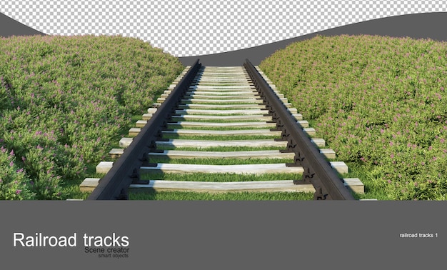 Vías de ferrocarril en jardines de flores y arbustos