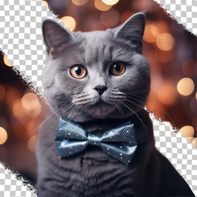 PSD vibraciones festivas capturadas en un fondo transparente con un elegante gato gris atado con un arco