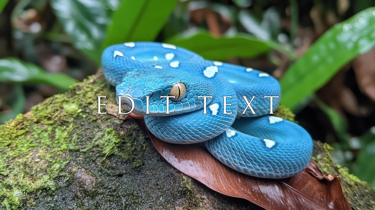 PSD vibrant blue snake coiled on mossy rock rainforest setting