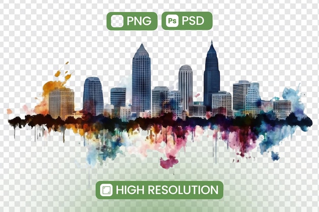 Vibrant Cityscape Aquarelle Un téléchargement PNG et PSD à haute résolution avec des détails architecturaux époustouflants Des couleurs captivantes et une esthétique de conception urbaine moderne Idéal pour les projets créatifs