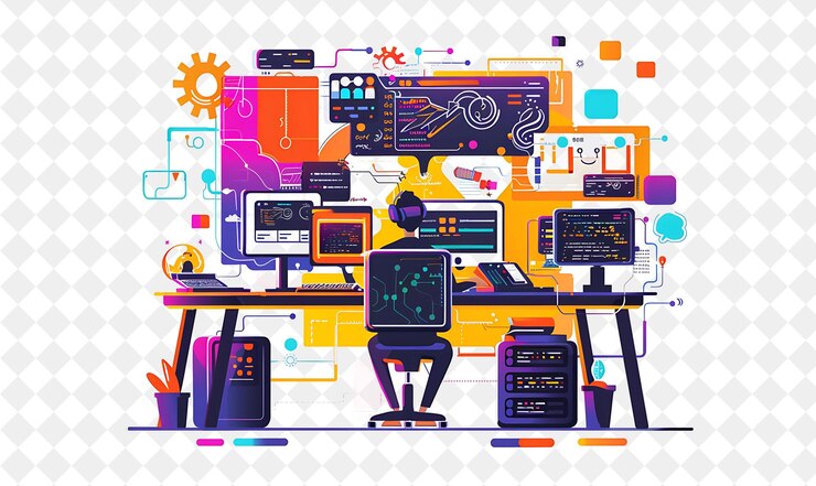 PSD vibrant devops engineer con personaggi che si dispongono e managi png people in daily work illustration