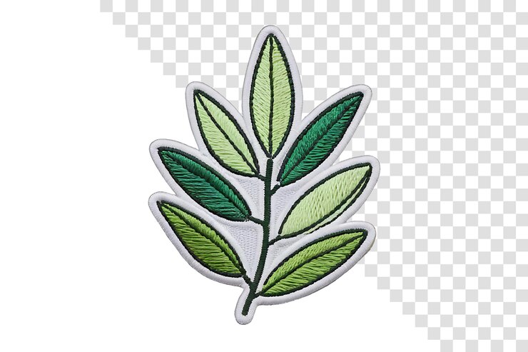 PSD vibrant embroidered leaf patch on light fabric
