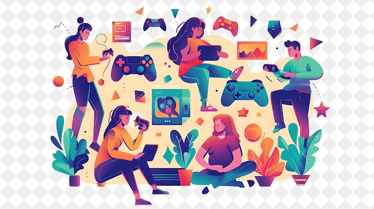 PSD vibrant game tester mit charakteren testen und spielen vide png menschen in der täglichen arbeit illustration