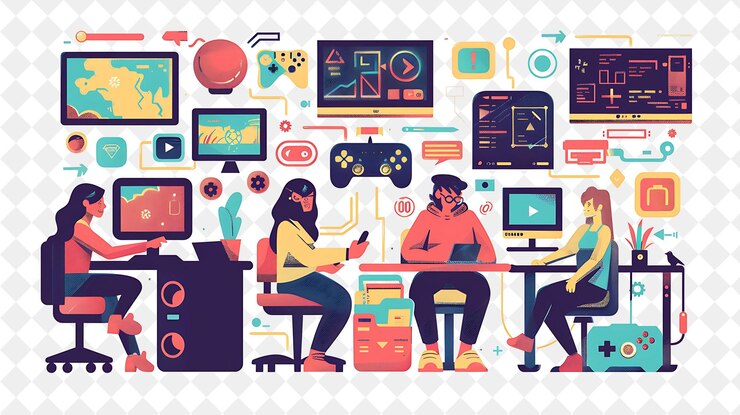PSD vibrant game tester mit charakteren testen und spielen vide png menschen in der täglichen arbeit illustration