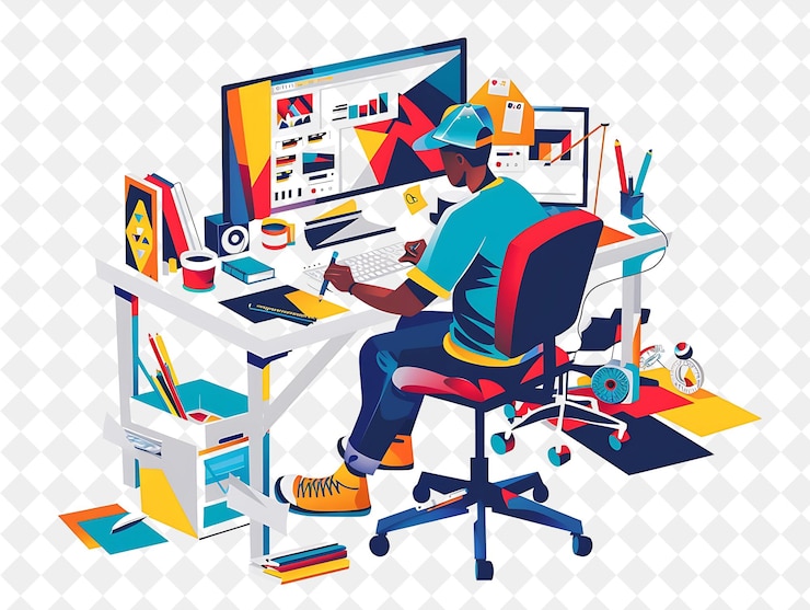 PSD vibrant graphic designer with characters creating and design png people in daily work illustration