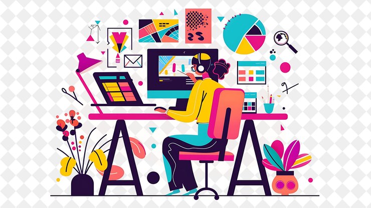 PSD vibrant graphic designer with characters creating and design png people in daily work illustration
